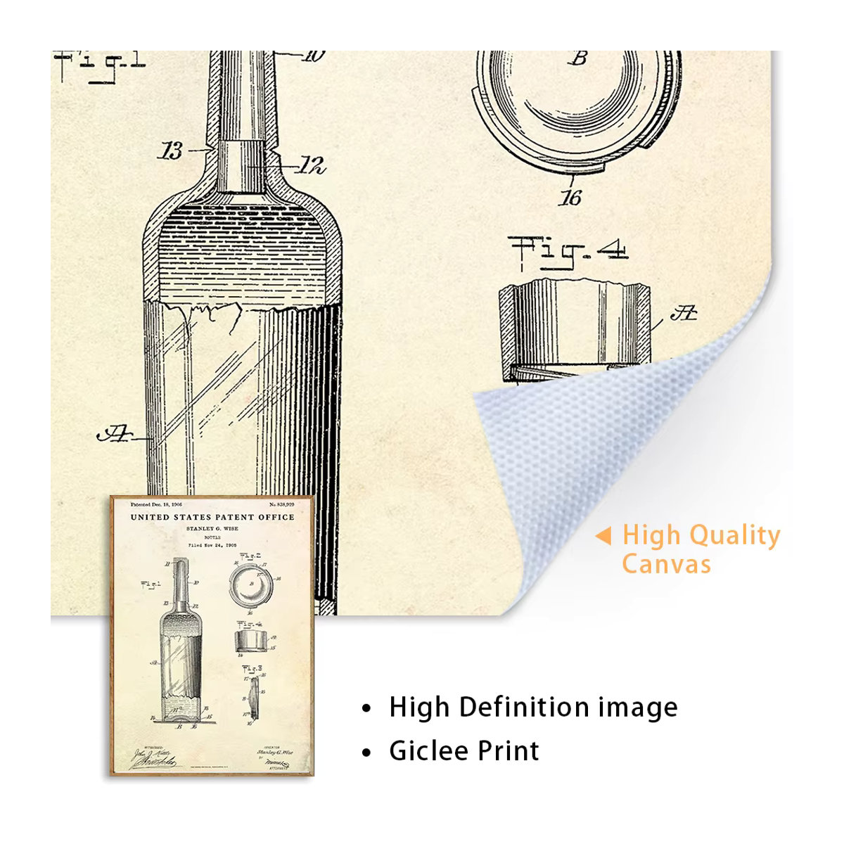 Vintage Wein-Patent-Poster von Potdemiel als Leinwanddruck in Beige mit Typografie für die Wandmontage - Bild 3