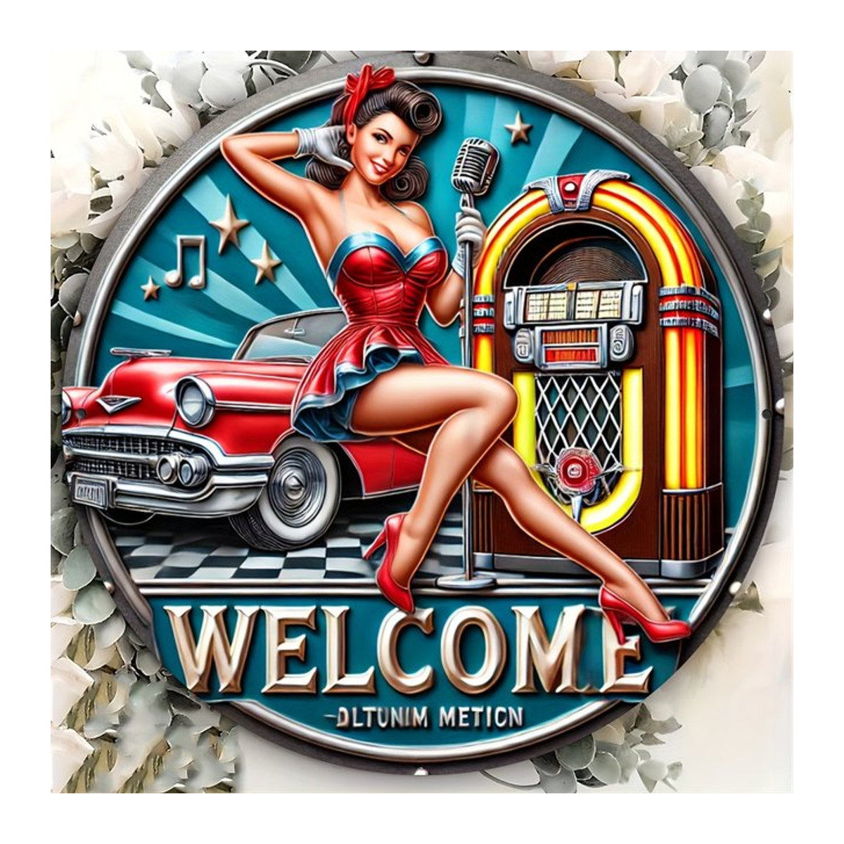Vintage Welcome to My Concert Eisen-Wandkunst, runde Metall-Dekoration mit Mikrofon-Motiv in Rot und Mehrfarbig, Durchmesser: 20 cm - Bild 1
