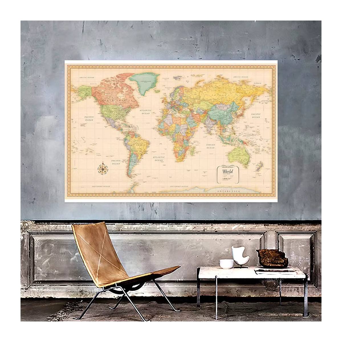 Vintage-Weltkarte als dekorativer Wandbehang aus Textil in Mehrfarbig, B: 150 cm, H: 100 cm - Bild 4