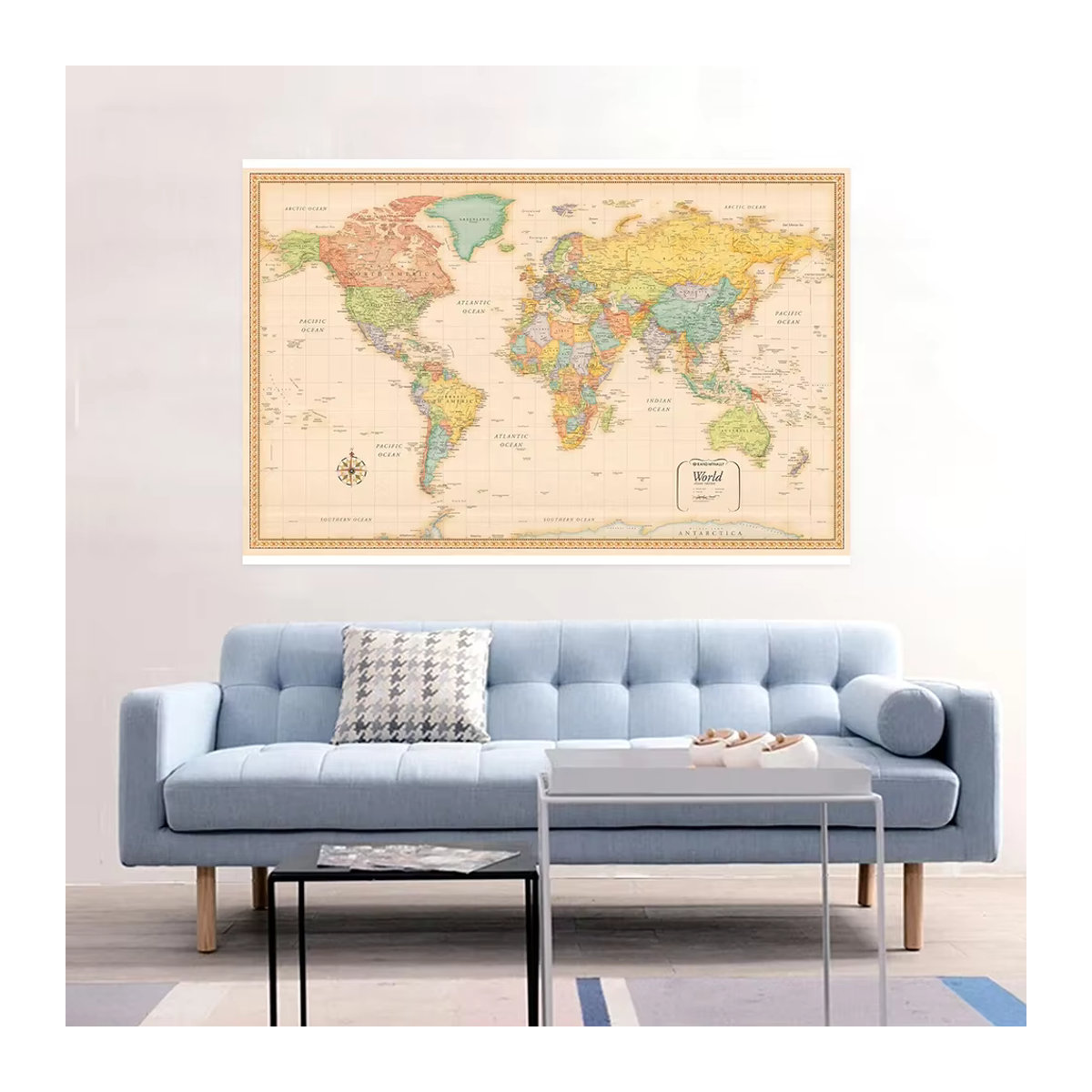 Vintage-Weltkarte als dekorativer Wandbehang aus Textil in Mehrfarbig, B: 150 cm, H: 100 cm - Bild 5