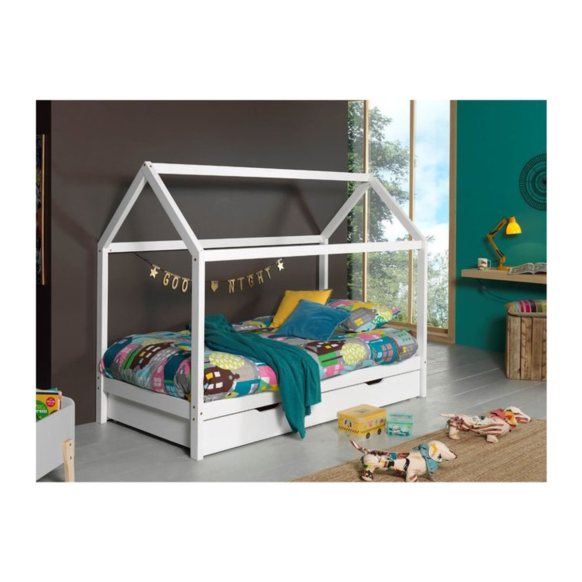 Vipack Dallas 2 Hausbett aus Kiefer Massivholz in Weiß mit Bettschublade, Liegefläche 90 x 200 cm - Bild 1