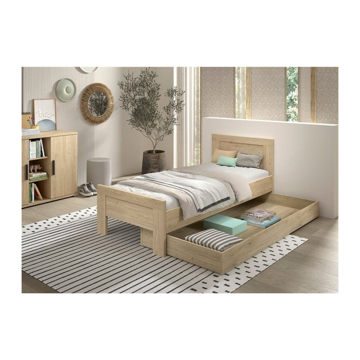 Vipack Einzelbett SAM 2-teiliges Set mit Bettschublade in Eiche Natur im skandinavischen Design - Bild 1