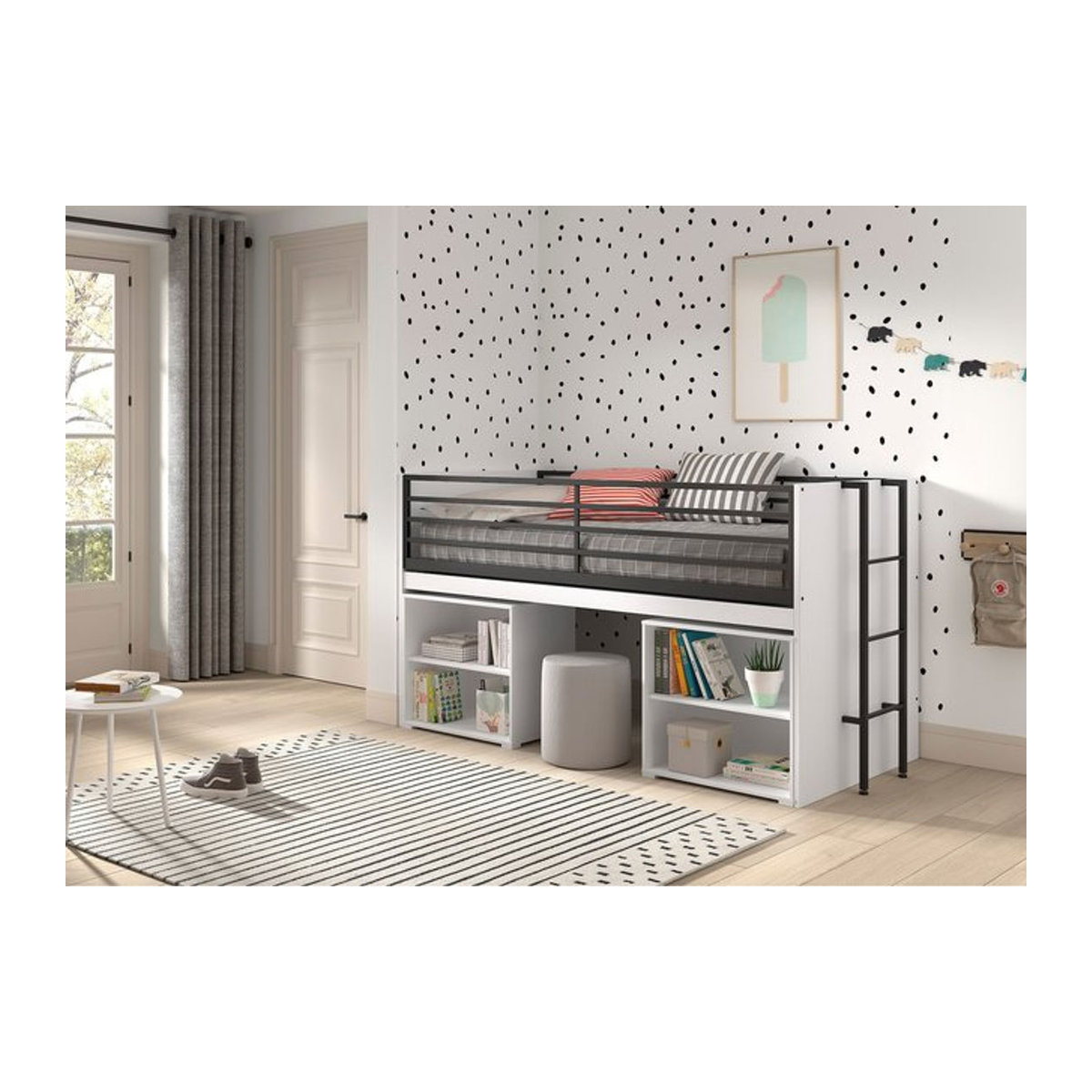 Vipack Funktionsbett SAM halbhohes Bett mit ausziehbarem Schreibtisch und 2 Regalen in Weiß - Bild 1