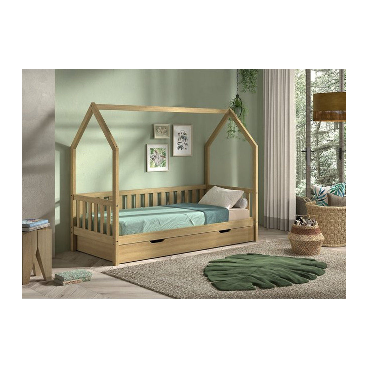 Vipack Hausbett CABANE aus Eiche Massivholz Natur mit seitlicher Umrandung und Bettschublade B/T/H: 90 x 200 cm - Bild 1