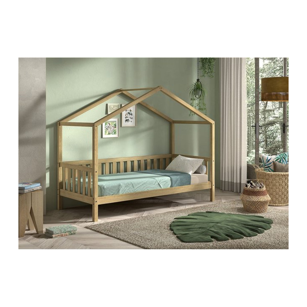 Vipack Hausbett Dallas 1 aus Massivholz in Eiche Natur mit seitlicher Umrandung, Liegefläche 90 x 200 cm, Skandinavischer Stil - Bild 1
