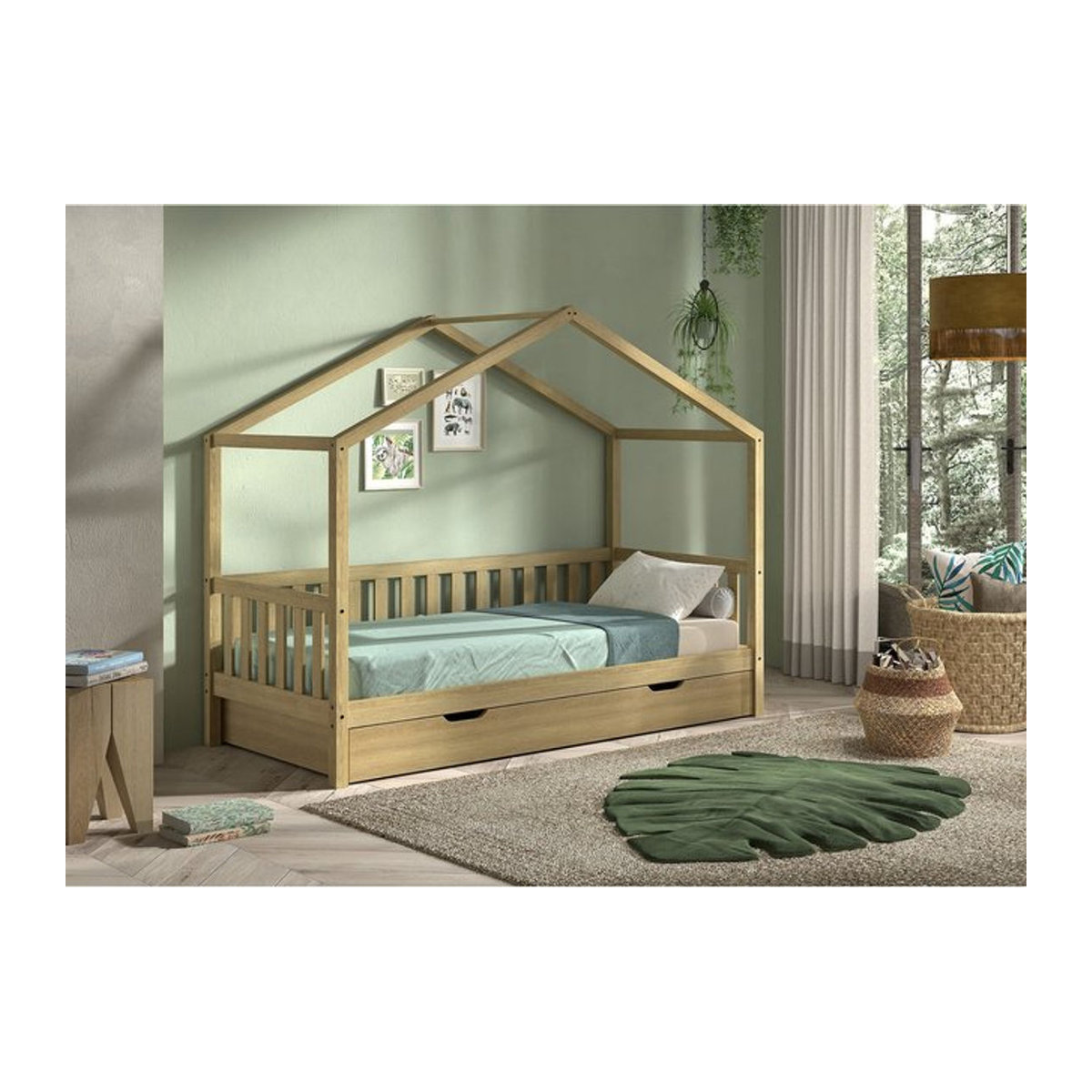 Vipack Hausbett Dallas aus Massivholz mit seitlicher Umrandung und Bettschublade, Eiche Natur, Liegefläche: 90 x 200 cm - Bild 1