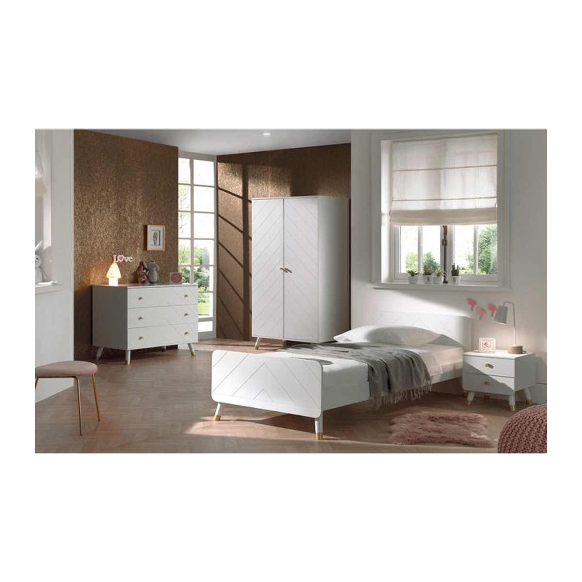 Vipack Jugendzimmer Set 4-tlg. Modern in Weiß, bestehend aus Bett, Nachtkonsole, 2-türigem Kleiderschrank und Schubladenkommode, B/T/H: 90 x 200 cm - Bild 1