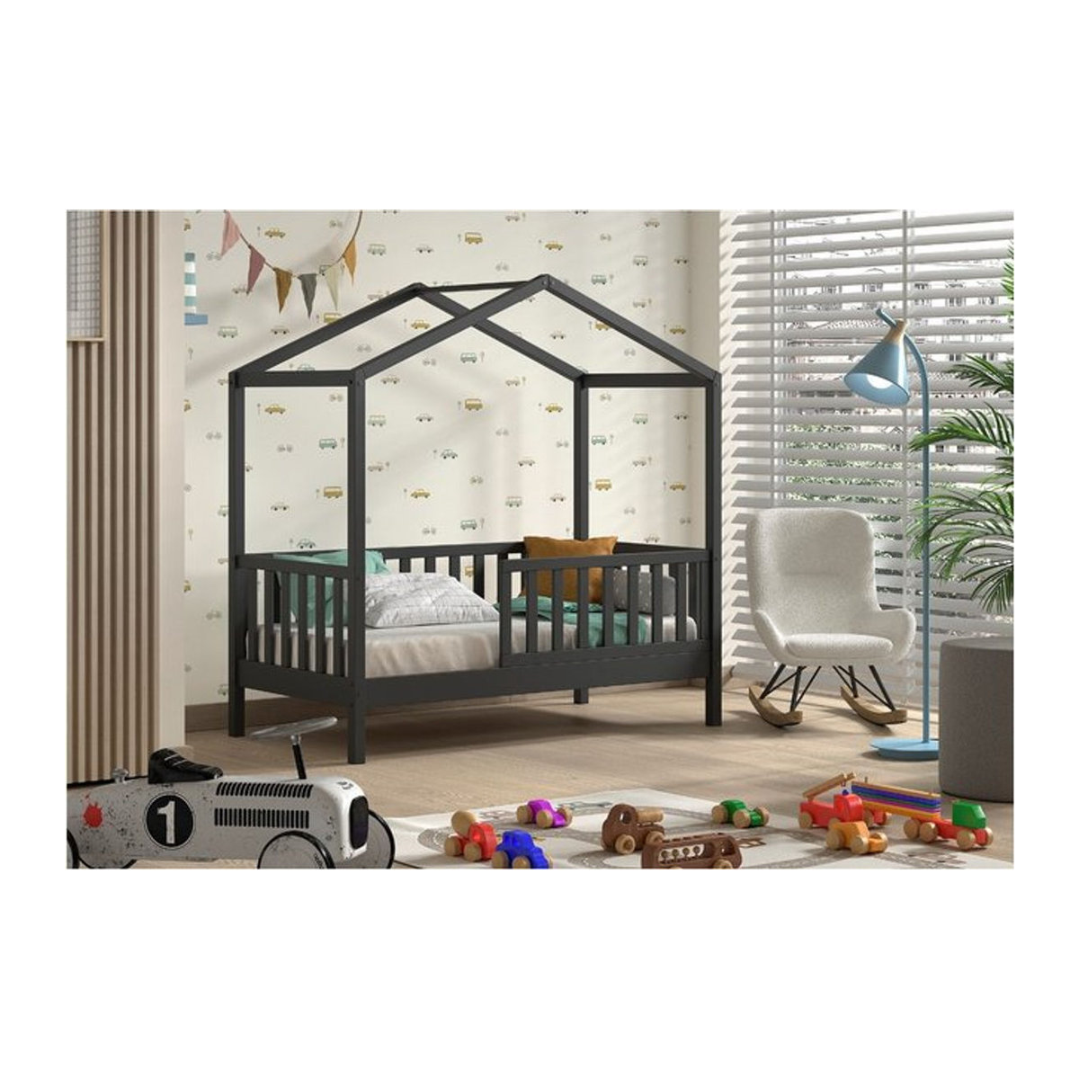 Vipack Junior Hausbett aus massiver Kiefer mit seitlicher Umrandung und Rolllattenrost, Anthrazit, Liegefläche: 140 x 70 cm - Bild 1