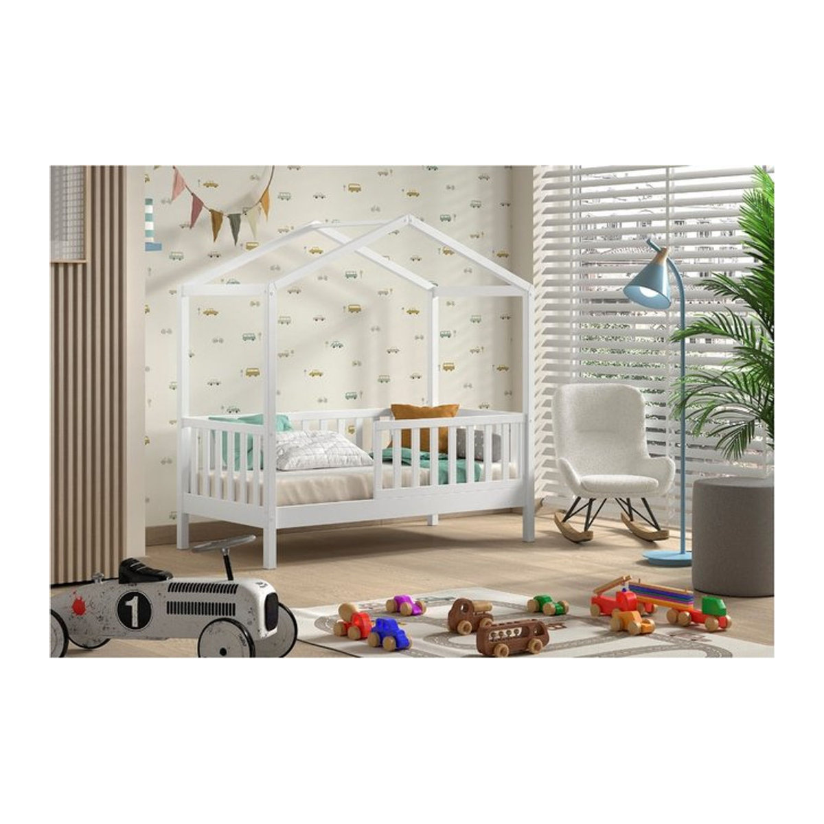 Vipack Junior Hausbett aus massiver Kiefer mit seitlicher Umrandung und Rolllattenrost in Weiß, Liegefläche: 70 x 140 cm - Bild 1