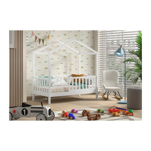 Vipack Junior Hausbett aus massiver Kiefer mit seitlicher Umrandung und Rolllattenrost in Weiß, Liegefläche: 70 x 140 cm