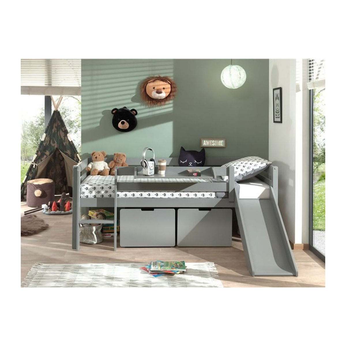 Vipack Kojen-Spielbett aus Kiefer und MDF in Grau mit Rutsche, Leiter, Regal, Rolllattenrost und 2 Schubkästen, Liegefläche B: 90 cm, L: 200 cm - Bild 1
