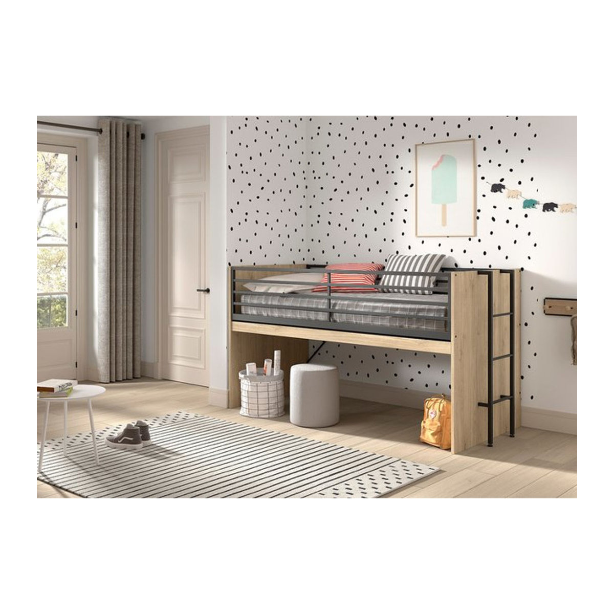 Vipack SAM halbhohes Bett mit ausziehbarem Schreibtisch in Eiche Natur, Liegefläche B: 90 cm, L: 200 cm - Bild 1