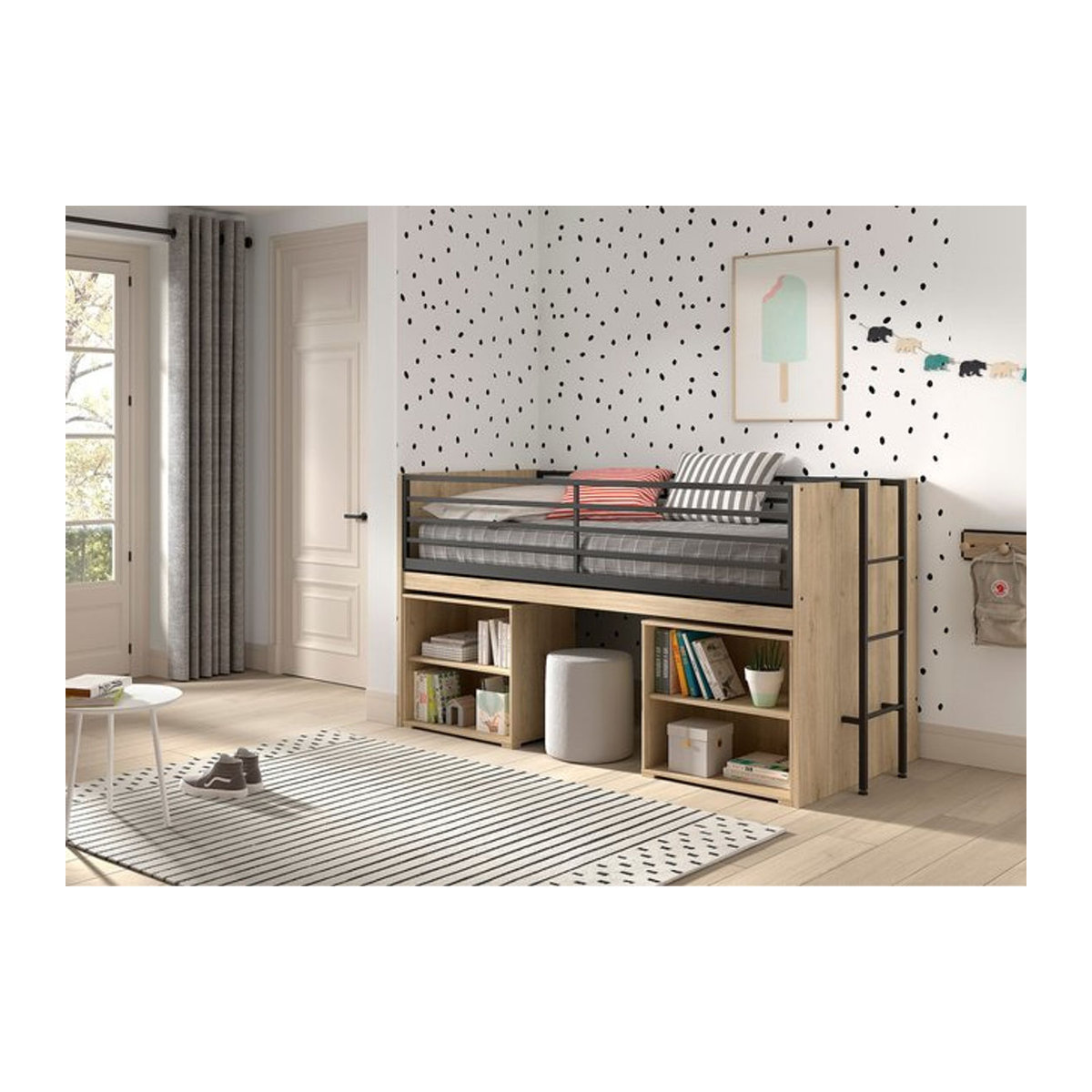 Vipack SAM halbhohes Funktionsbett mit ausziehbarem Schreibtisch und 2 Regalen, Liegefläche 90 x 200 cm, Eiche Natur - Bild 1