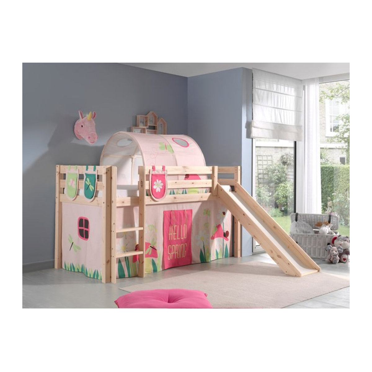 Vipack Spielbett Pino aus massiver Kiefer in Natur mit Rutsche, Vorhang, Tunnel und 3 Taschen im Dessin Spring - Bild 1