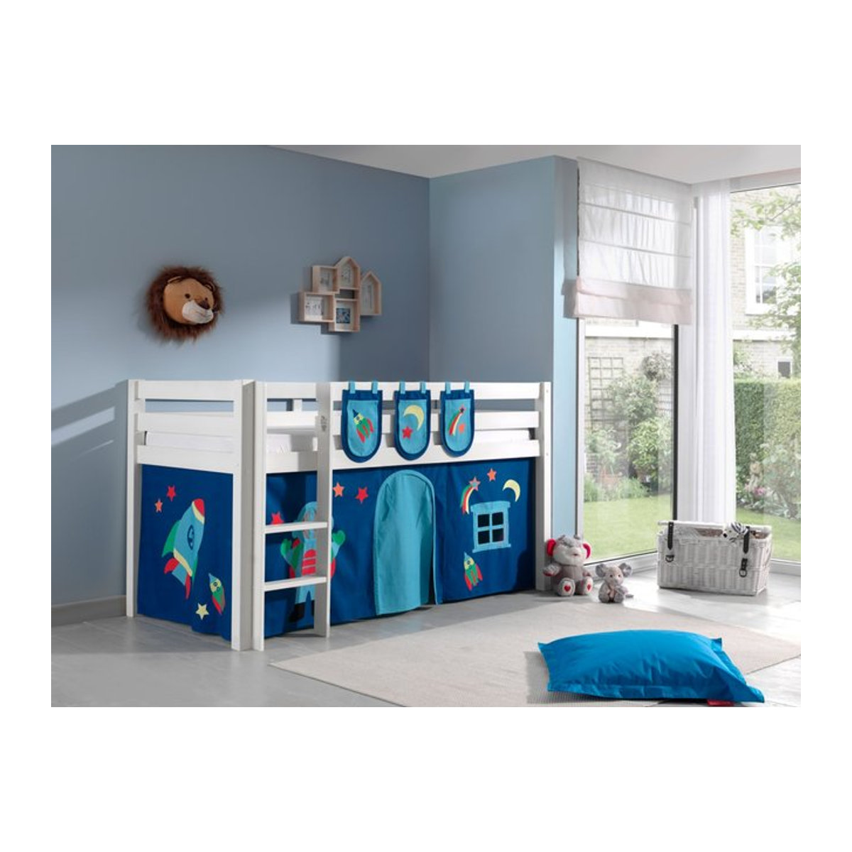 Vipack Spielbett Pino Hochbett aus massiver Kiefer in Weiß mit Vorhang und 3 Taschen im Dessin Astro - Bild 1