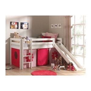 Vipack Spielbett Pino Hochbett mit Rutsche und Textilset Pink Flower aus massiver Kiefer in Weiß und Rosa