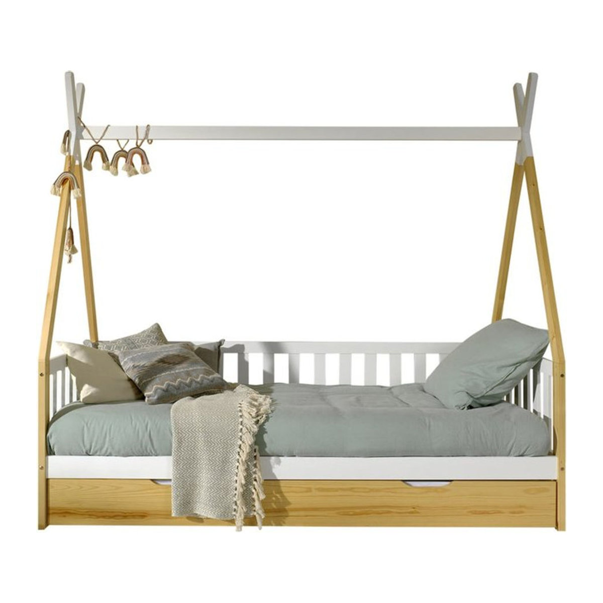 Vipack Tipi Kojenbett aus Massivholz Kiefer in Natur und Weiß mit Umrandung, Dachgestänge, Rolllattenrost und Bettschublade, Liegefläche: 90 x 200 cm - Bild 1