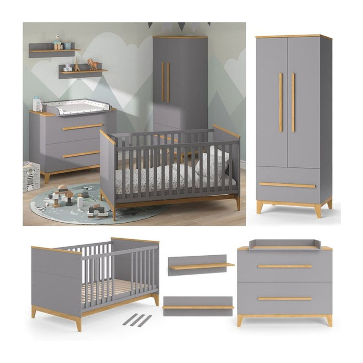 VitaliSpa Babymöbel Set Malia in Grau und Eiche, 4er Set Kinderzimmermöbel Modern mit Wickelkommode, Kinderbett, Kleiderschrank und Wandregal - Bild 1