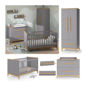VitaliSpa Babymöbel Set Malia in Grau und Eiche, 4er Set Kinderzimmermöbel Modern mit Wickelkommode, Kinderbett, Kleiderschrank und Wandregal