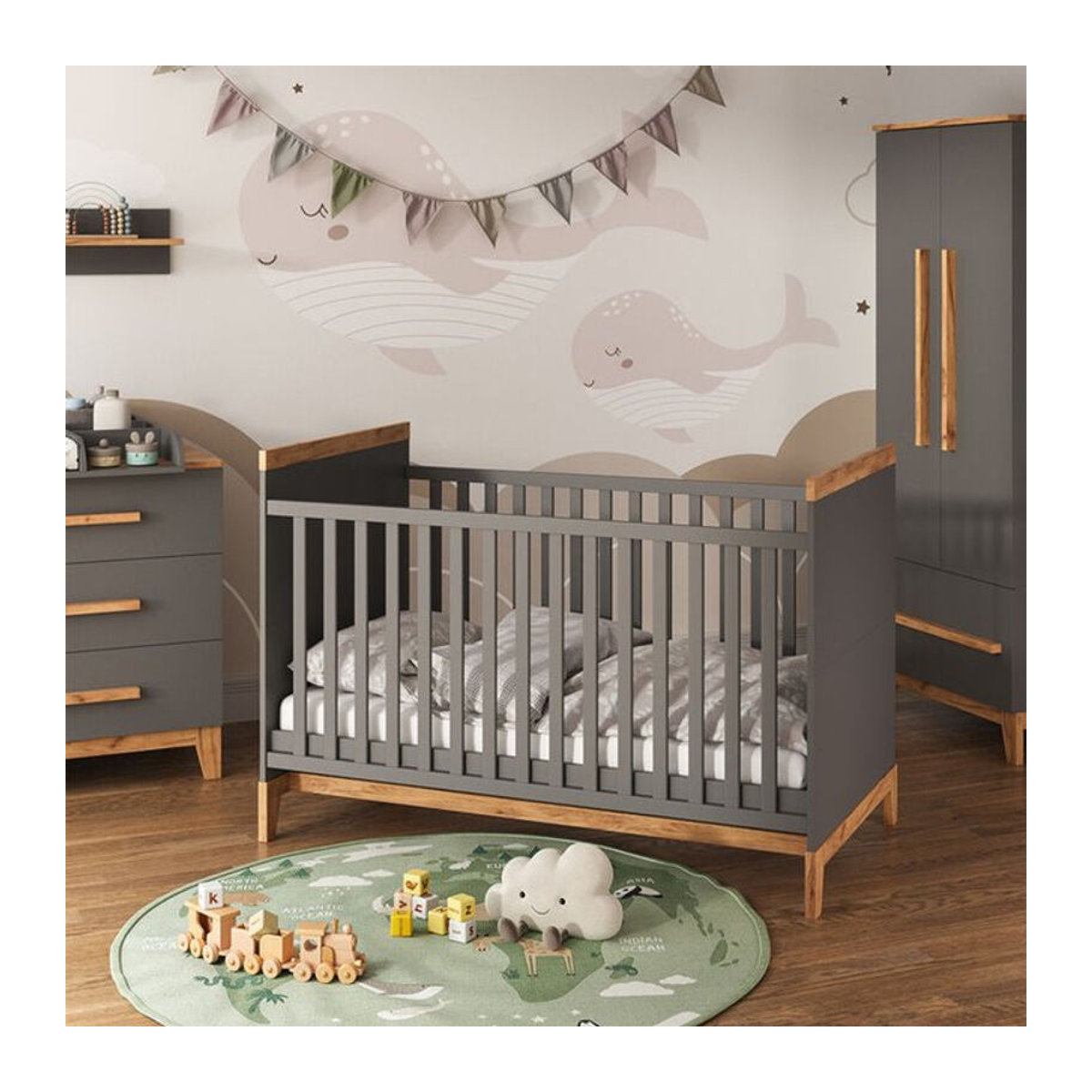 VitaliSpa Babymöbel Set Malia in Grau und Eiche, 4er Set Kinderzimmermöbel Modern mit Wickelkommode, Kinderbett, Kleiderschrank und Wandregal - Bild 2