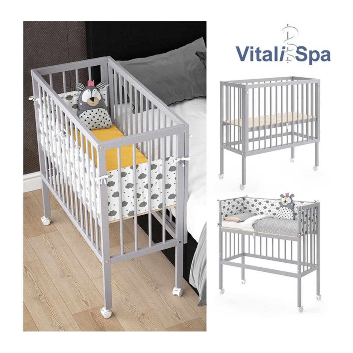 VitaliSpa Beistellbett SOPHIE in Grau aus Massivholz als Babybett und Stillbett mit 2 Seitenteilen - Bild 1