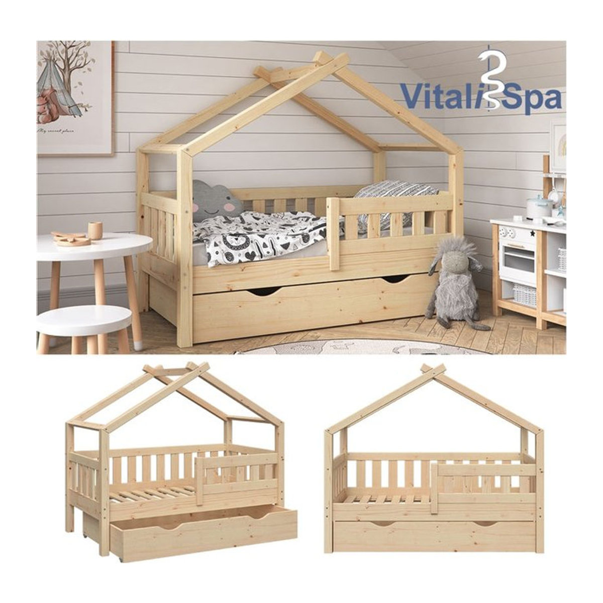 VitaliSpa Design Kinderbett aus Massivholz in Natur mit Schublade und Lattenrost, B/T: 140 x 70 cm - Bild 1