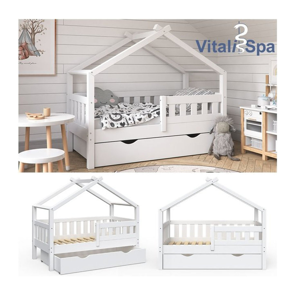 VitaliSpa Design Kinderbett aus Massivholz mit Schublade und Lattenrost, Farbe: Weiß, B/T/H: 140 x 70 cm - Bild 1