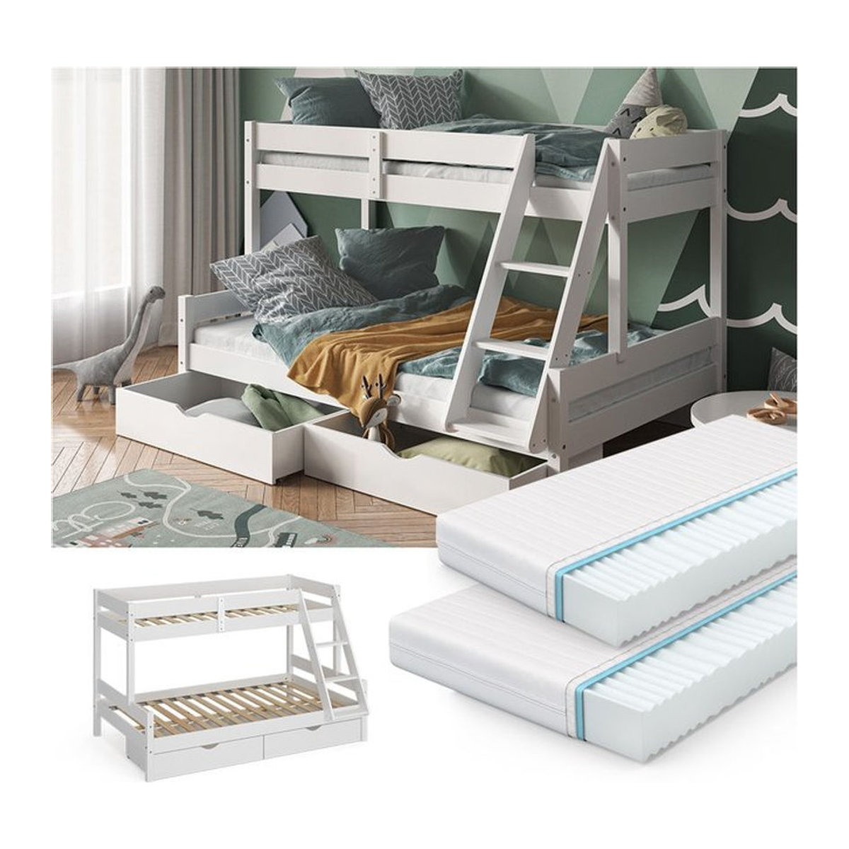 VitaliSpa Etagenbett Everest aus Massivholz in Weiß mit Matratzen und Schubkästen, B/T/H: 120 x 200 x 131 cm - Bild 1