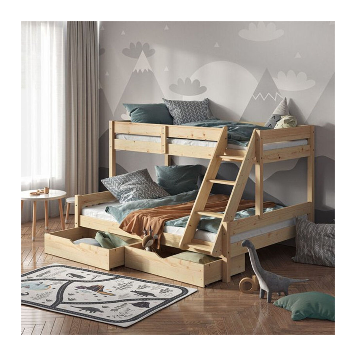 VitaliSpa Etagenbett Everest Kinderbett aus Massivholz in Natur mit Schubladen und Kletterfunktion, B/T: 140 x 200 cm - Bild 1