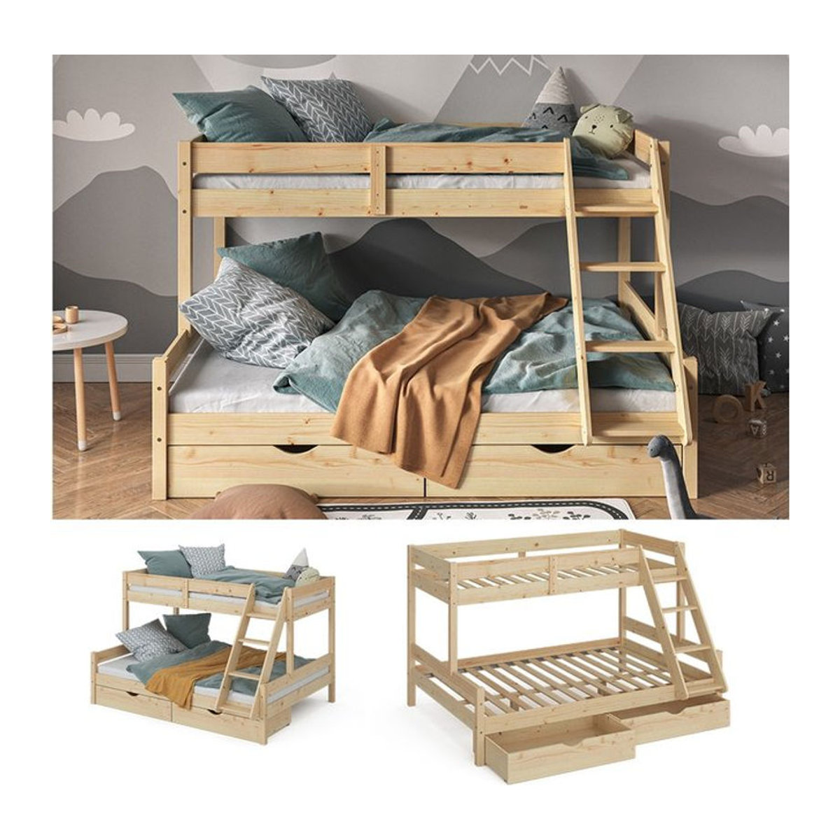VitaliSpa Etagenbett Everest Kinderbett aus Massivholz in Natur mit Schubladen und Kletterfunktion, B/T: 140 x 200 cm - Bild 2