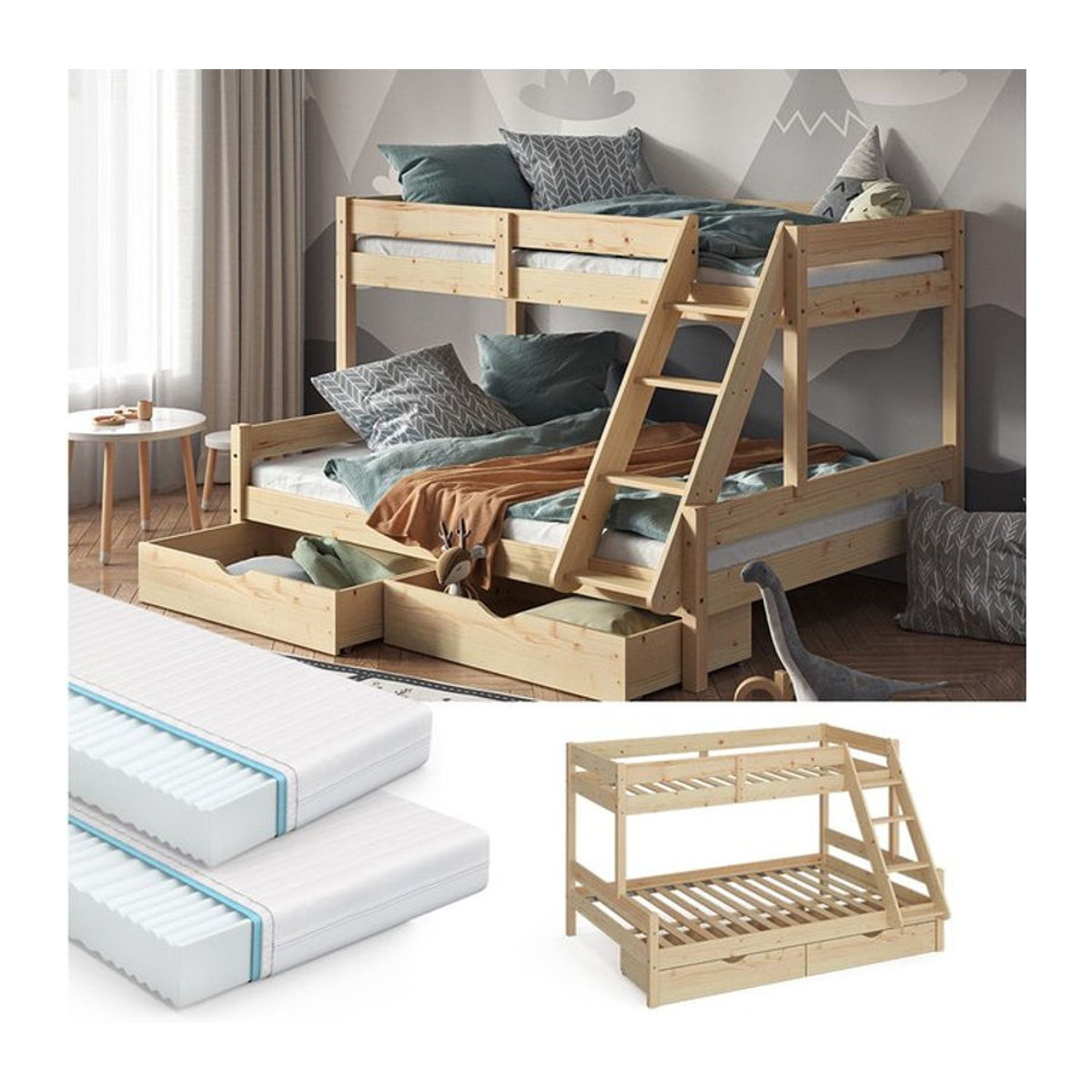 VitaliSpa Hochbett Everest aus Massivholz in Natur, modernes Kinderbett mit Matratzen und Schubladen, B/T/H: 140 x 200 x 207 cm - Bild 1