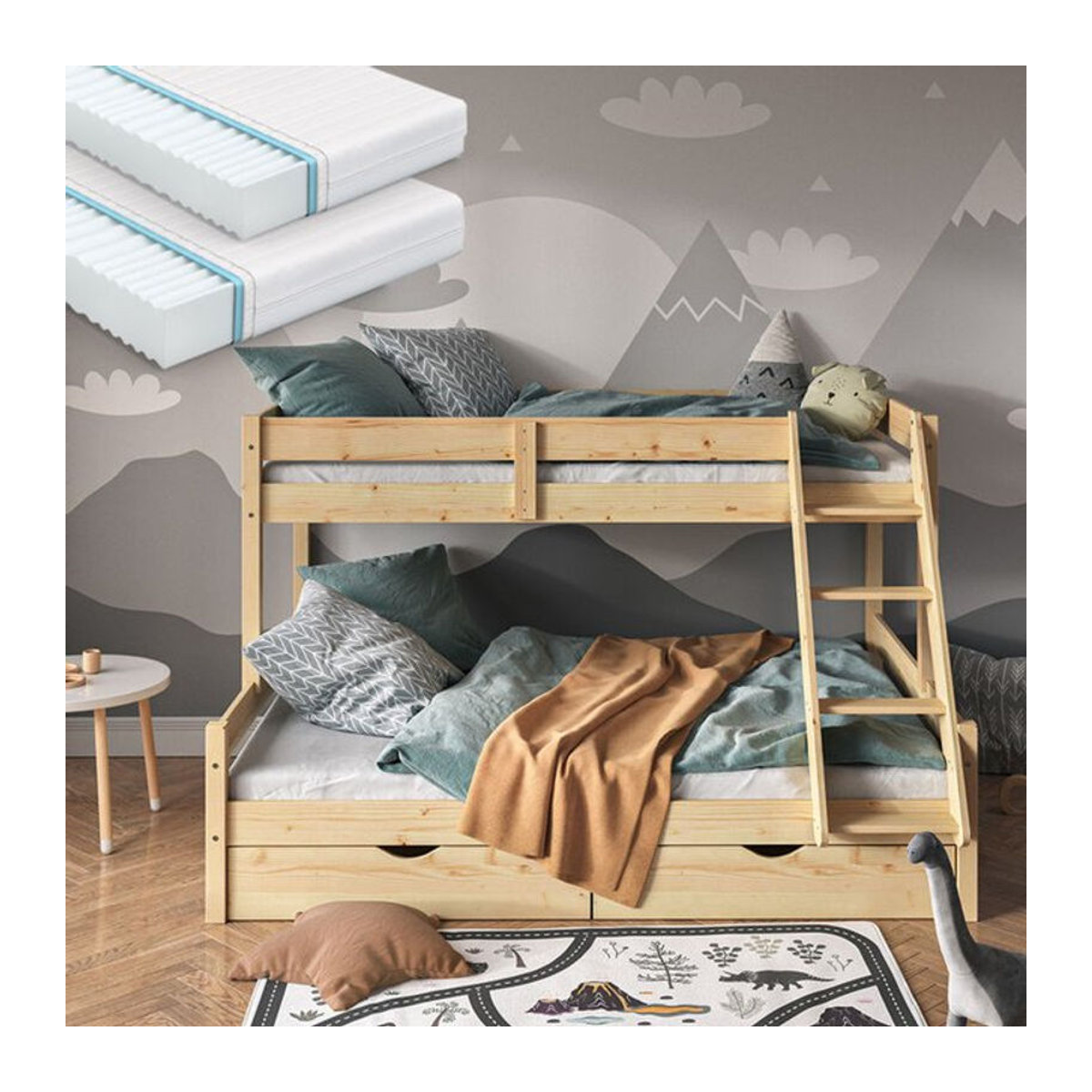 VitaliSpa Hochbett Everest aus Massivholz in Natur, modernes Kinderbett mit Matratzen und Schubladen, B/T/H: 140 x 200 x 207 cm - Bild 2