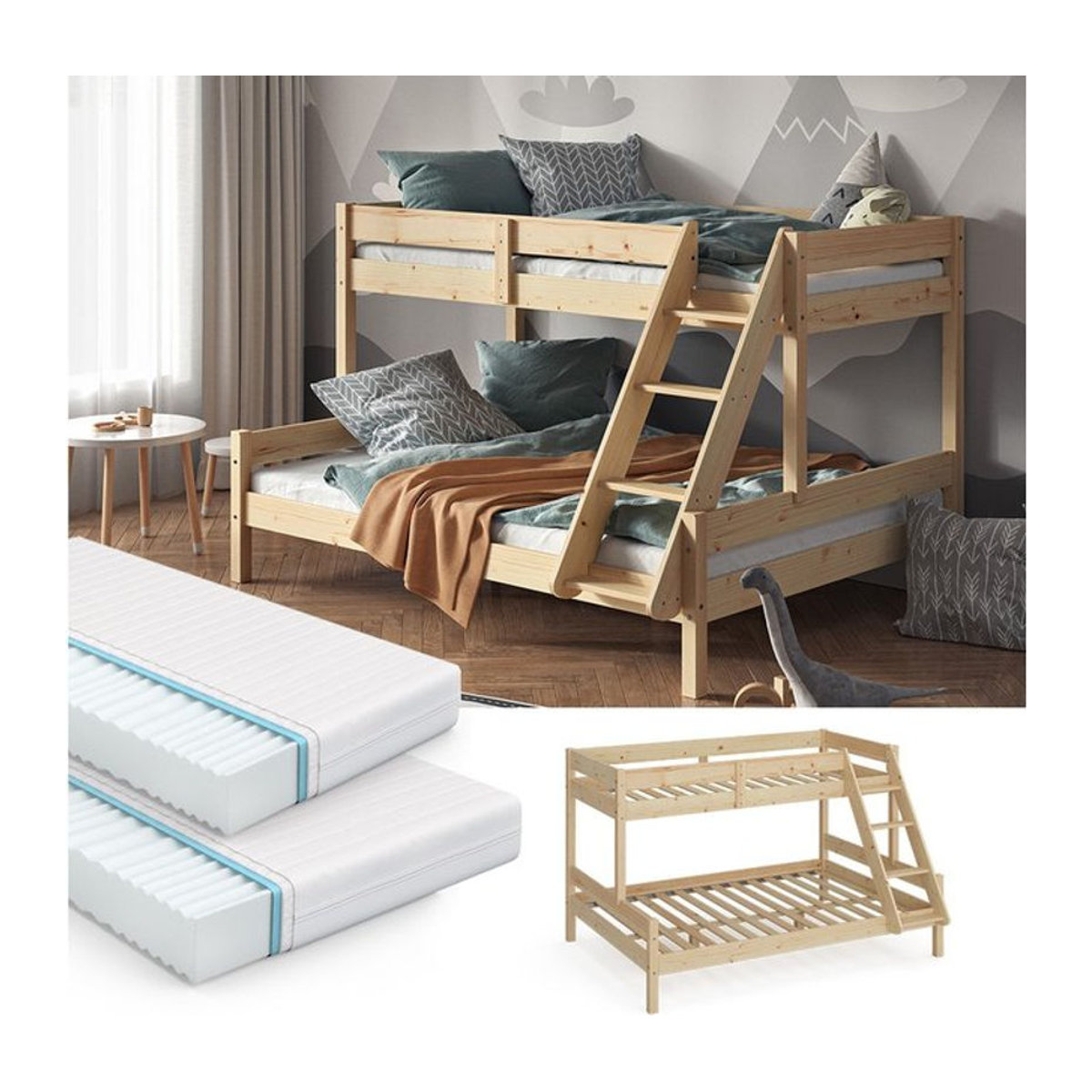 VitaliSpa Hochbett Everest aus Massivholz in Natur, modernes Spielbett für das Kinderzimmer mit Bettleiter und Lattenrost, B/T: 140 x 200 cm - Bild 1