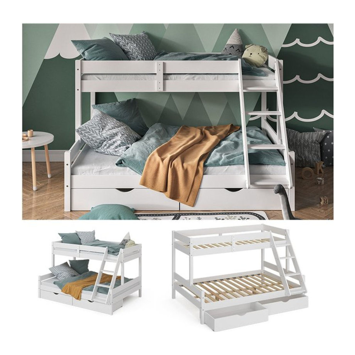 VitaliSpa Hochbett Everest aus Massivholz in Weiß mit Schubladen, B/T/H: 140 x 200 x 173,14 cm - Bild 1