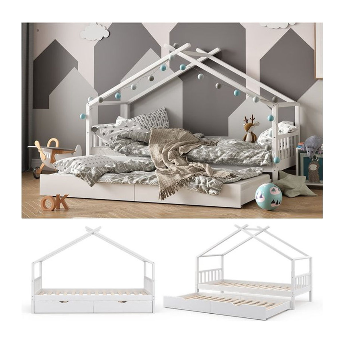 VITALISPA Kinderbett Design Hausbett aus Massivholz in Weiß mit Lattenrost und Schublade B/T/H: 90 x 200 cm - Bild 1