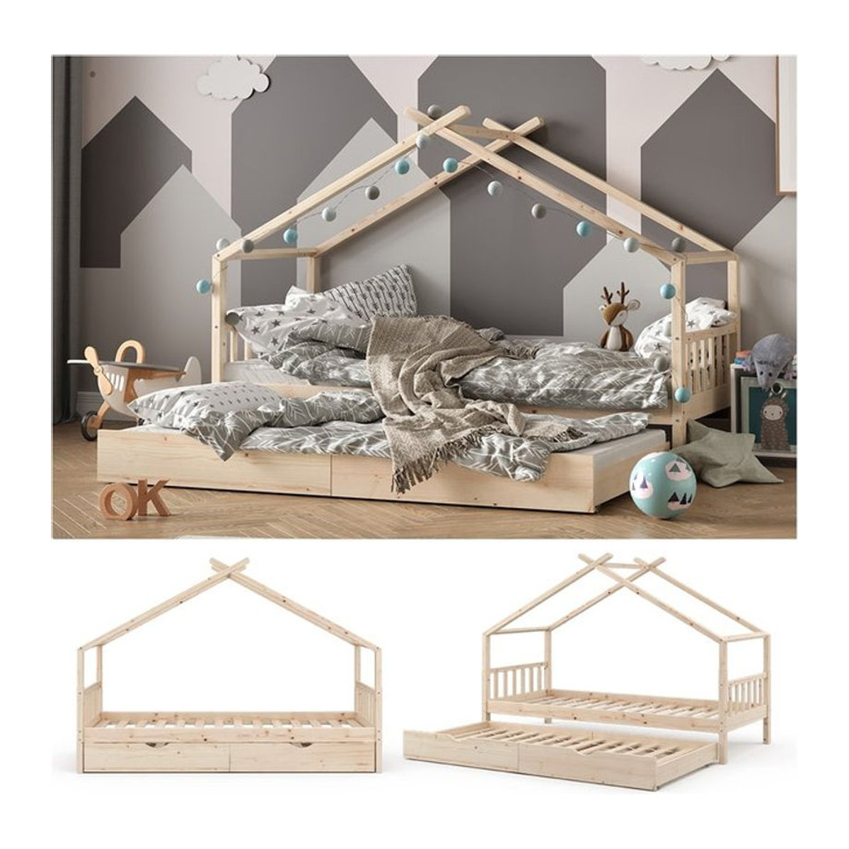 VITALISPA Kinderbett Design Hausbett aus Massivholz mit Gästebett und Schublade, Natur, B: 90 cm, T: 200 cm, H: 148 cm - Bild 2
