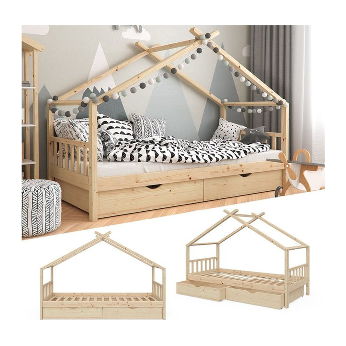 VitaliSpa Kinderbett Hausbett aus Massivholz in Natur mit Lattenrost und Schublade B/T/H: 90 x 200 cm - Bild 1