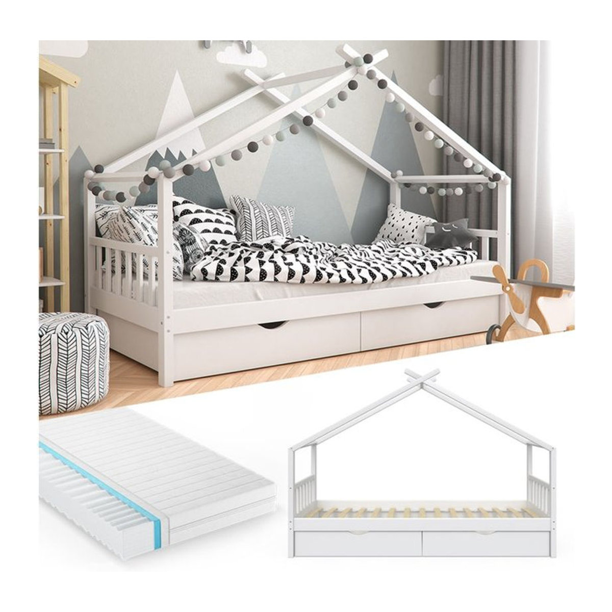 VitaliSpa Kinderbett Hausbett aus Massivholz in Weiß mit Schublade und Matratze B/T/H: 90 x 200 cm - Bild 1