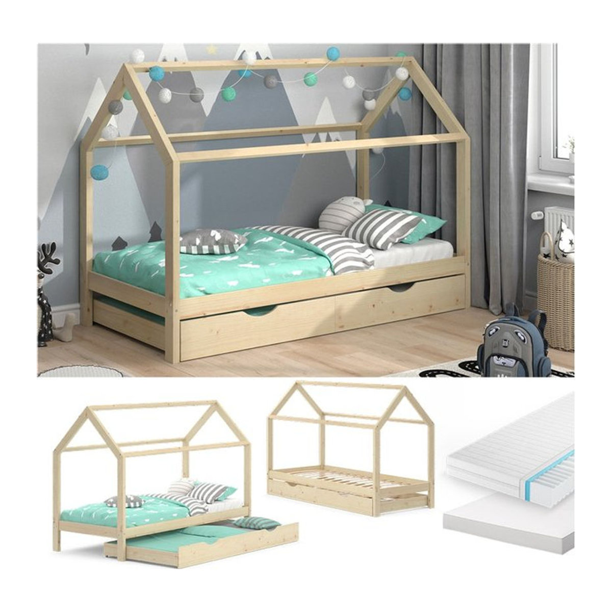 VitaliSpa Kinderbett Hausbett Wiki aus Massivholz in Natur mit Schublade B/T/H: 90 x 200 cm - Bild 1