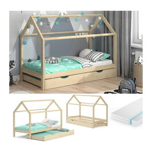 VitaliSpa Kinderbett Hausbett Wiki aus Massivholz in Natur und Braun mit Gästebett und Matratze, B/T/H: 90 x 200 cm