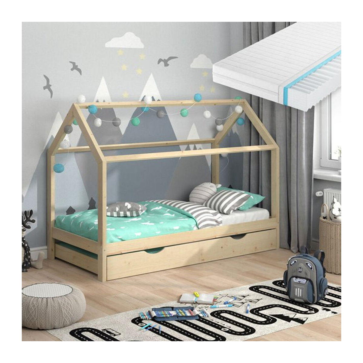 VitaliSpa Kinderbett Hausbett Wiki aus Massivholz in Natur und Braun mit Gästebett und Matratze, B/T/H: 90 x 200 cm - Bild 2