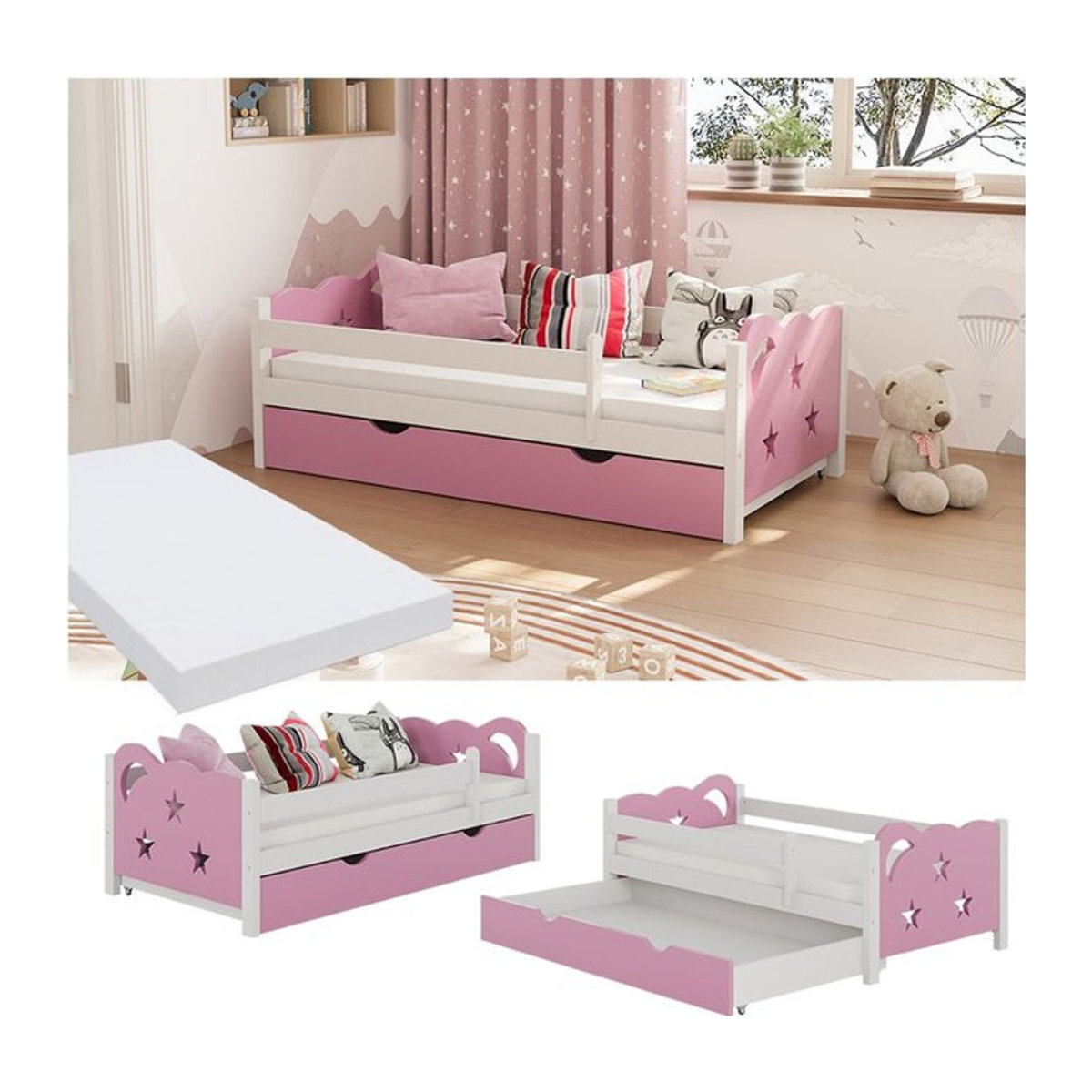 VitaliSpa Kinderbett Jessica Einzelbett Juniorbett in Weiß und Rosa mit Bettschublade und Rausfallschutz B/T: 140 x 70 cm - Bild 1