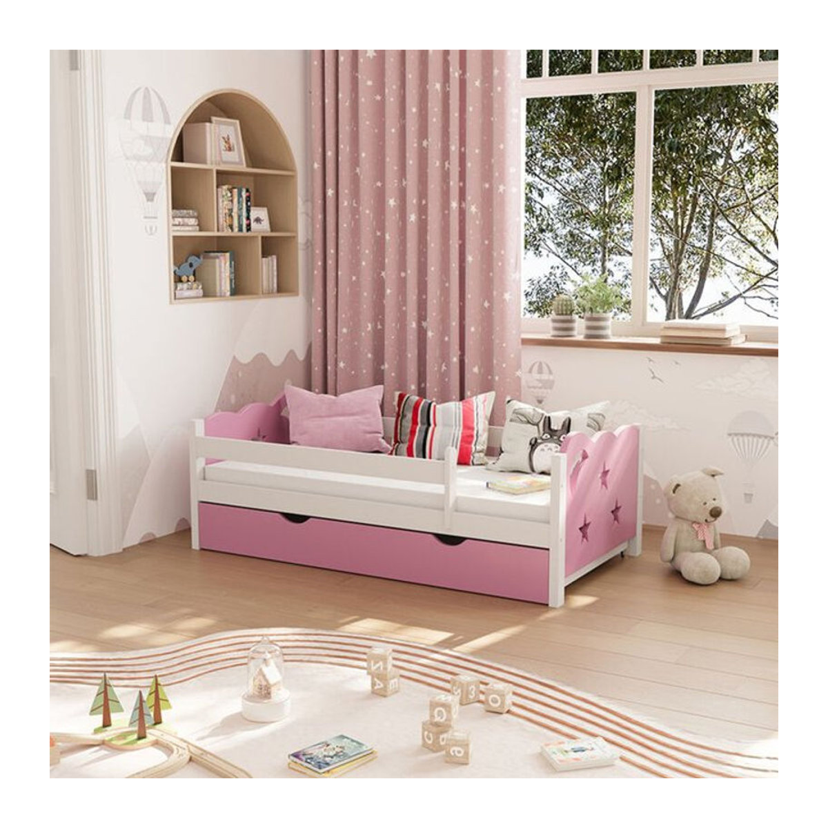 VitaliSpa Kinderbett Jessica Einzelbett Juniorbett in Weiß und Rosa mit Bettschublade und Rausfallschutz B/T: 140 x 70 cm - Bild 2