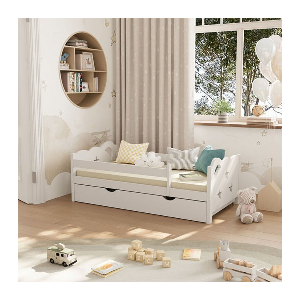 VitaliSpa Kinderbett Jessica in Weiß mit Bettschublade und Rausfallschutz, modernes Juniorbett aus Holz und Bambus, B/T: 140 x 70 cm - Bild 2