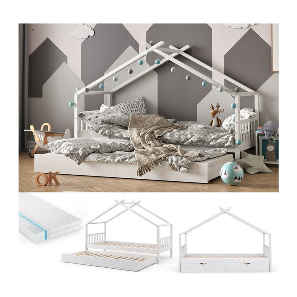 VITALISPA Kinderhausbett aus Kiefer Massivholz in Weiß mit Matratze und Gästebett, B/T/H: 90 x 200 cm, Skandinavisches Design - Bild 1