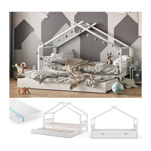 VITALISPA Kinderhausbett aus Kiefer Massivholz in Weiß mit Matratze und Gästebett, B/T/H: 90 x 200 cm, Skandinavisches Design