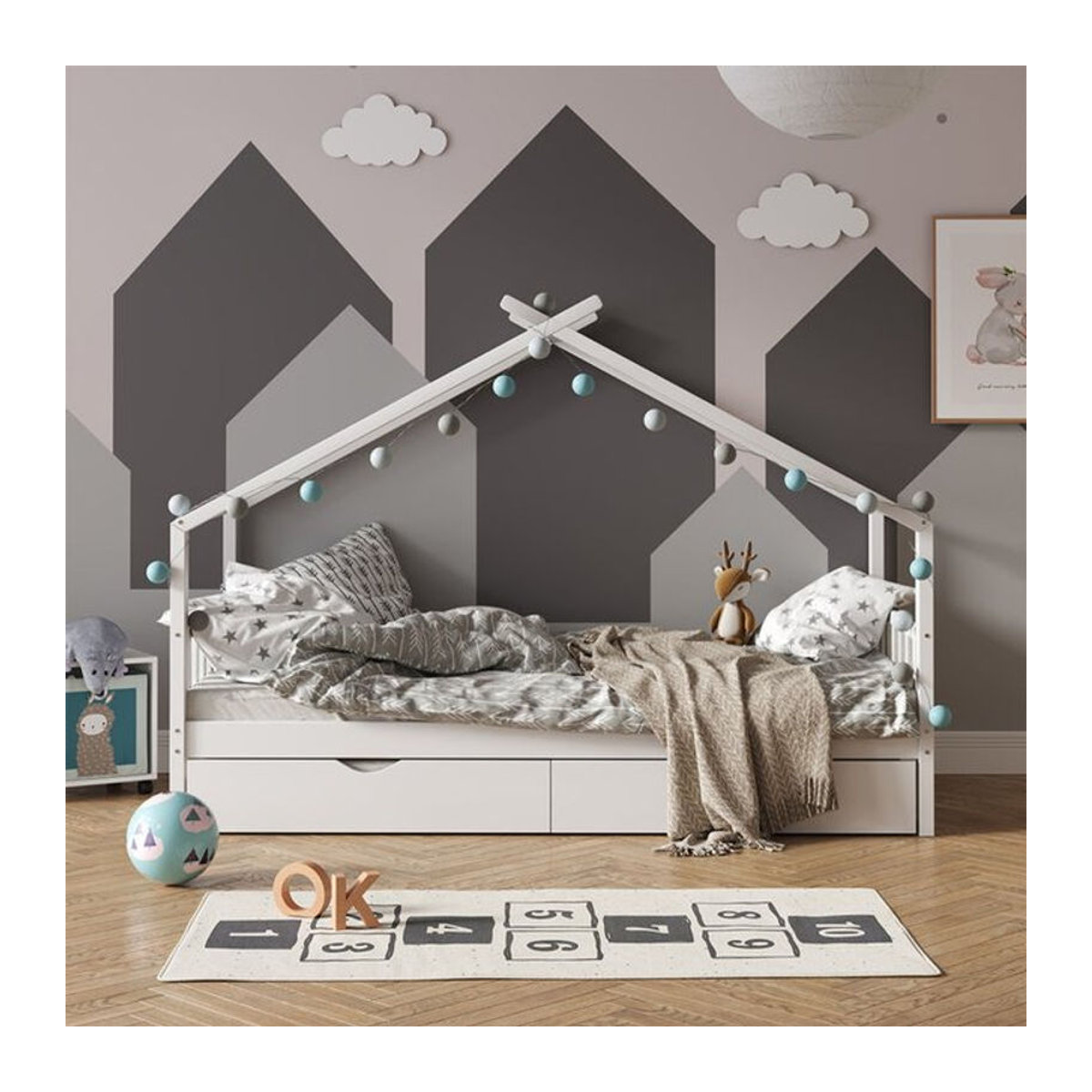 VITALISPA Kinderhausbett aus Kiefer Massivholz in Weiß mit Matratze und Gästebett, B/T/H: 90 x 200 cm, Skandinavisches Design - Bild 2