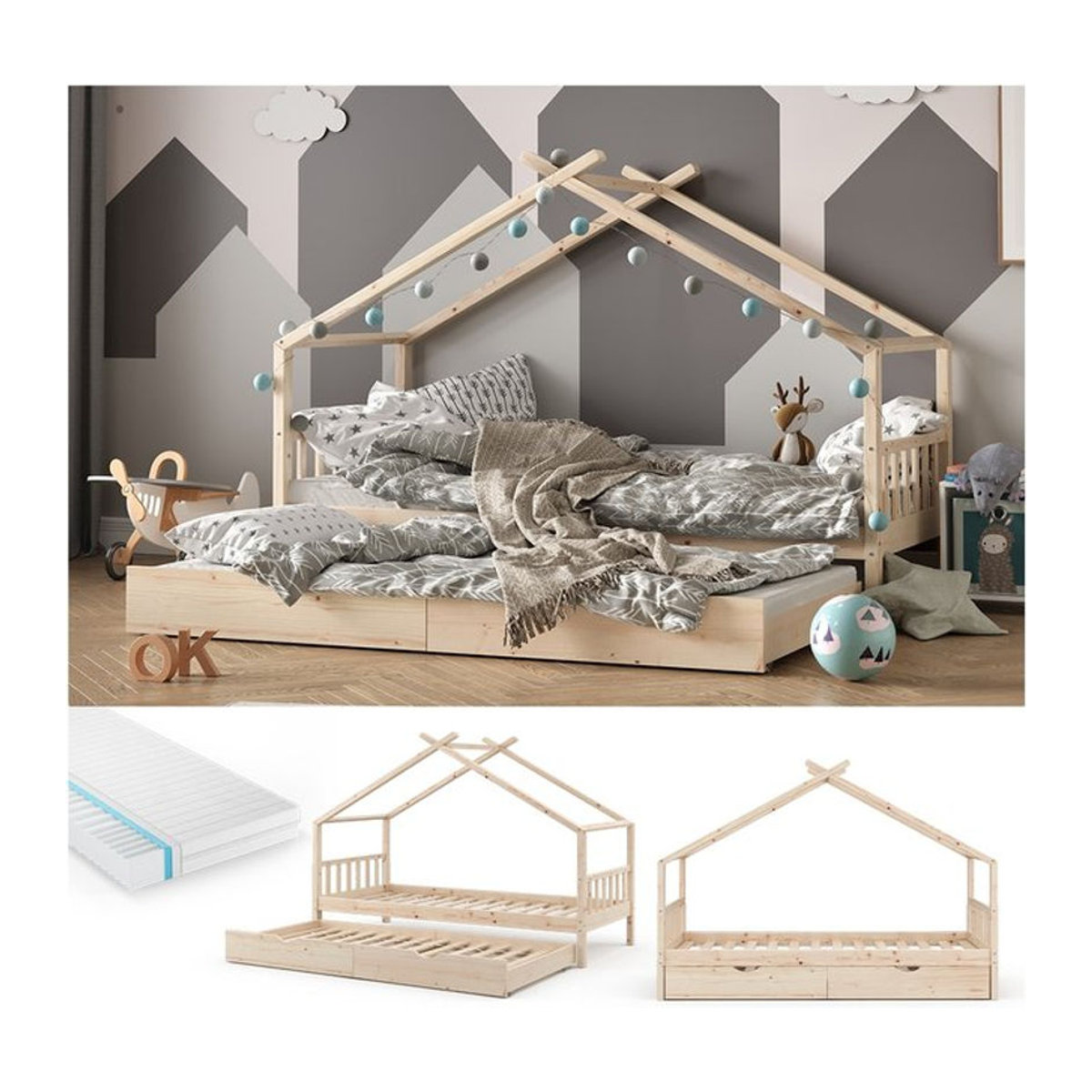 VITALISPA Kinderhausbett aus Massivholz Kiefer in Natur Braun mit Gästebett und Matratze, B/T/H: 90 x 200 cm - Bild 1