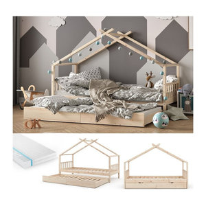 VITALISPA Kinderhausbett aus Massivholz Kiefer in Natur Braun mit Gästebett und Matratze, B/T/H: 90 x 200 cm