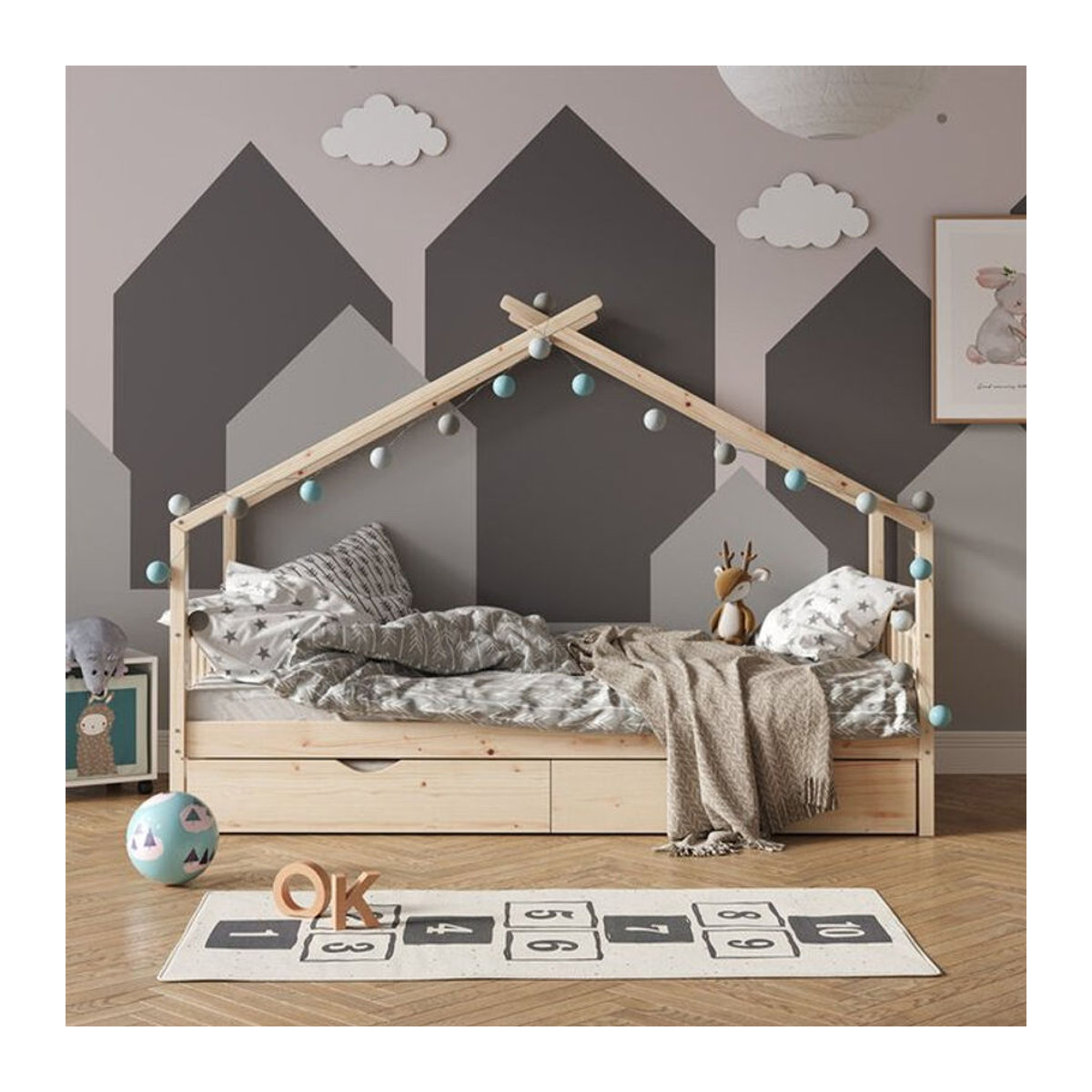 VITALISPA Kinderhausbett aus Massivholz Kiefer in Natur Braun mit Gästebett und Matratze, B/T/H: 90 x 200 cm - Bild 2